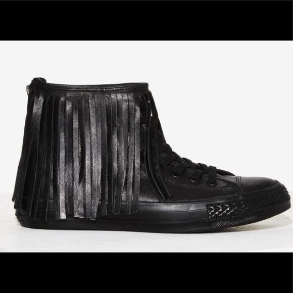 Converse Shoes - New Black Fringe Converse Sz 7 leather